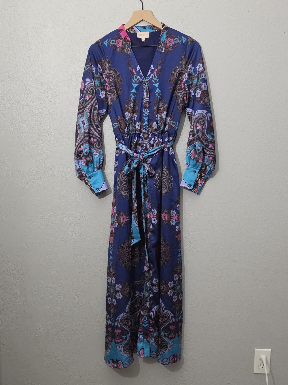 Ciebon Nora Print Long Sleeve Maxi Shirt Dress Navy Button Down Women Large - Picture 2 of 13